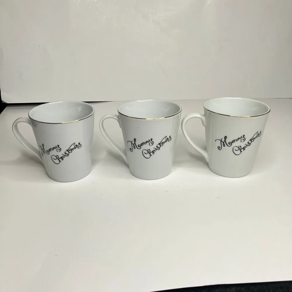 Merry Brite Merry Christmas Coffee Mugs Cups Set Of 3 Gold Rim Holiday Santa 8oz